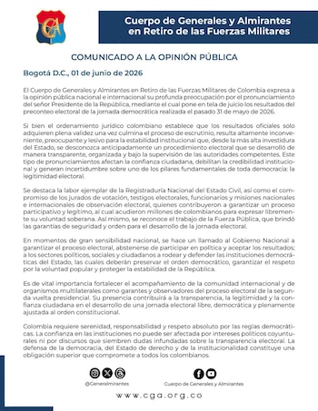 El comunicado de los generales y almirantes en retiro advierte sobre la importancia de respetar los procesos institucionales y fortalecer la confianza ciudadana en las elecciones. - crédito Cuerpo de Generales y Almirantes