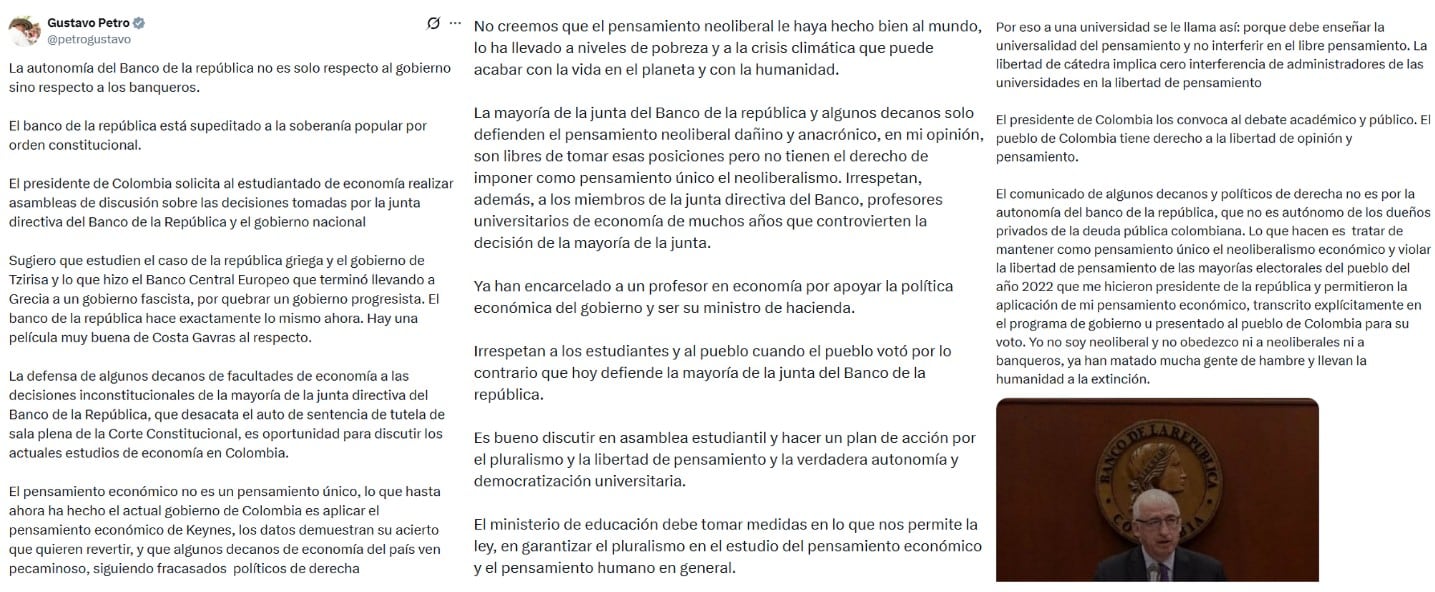 Gustavo Petro insistió en que la libertad de cátedra en universidades debe garantizar el pluralismo académico en medio de su pronunciamiento sobre el Banco de la República - crédito @petrogustavo/X