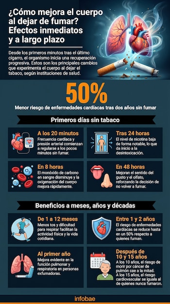 Infografía azul muestra pulmones y corazón sobre un cigarrillo roto; íconos ilustran mejoras de salud progresivas tras dejar de fumar.