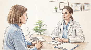 Ilustración estilo lápiz de una doctora con estetoscopio y una paciente sentadas en un escritorio con un portátil, documentos y una planta. Hay certificados en la pared.