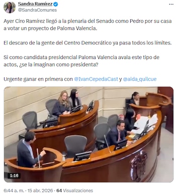 Sandra Ramírez criticó apoyo de Paloma Valencia a Ciro Ramírez en el Senado - crédito @SandraComunes/X