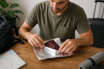 Un hombre envuelve un pasaporte rojo en papel de aluminio sobre una mesa de madera con un mapa y equipaje.