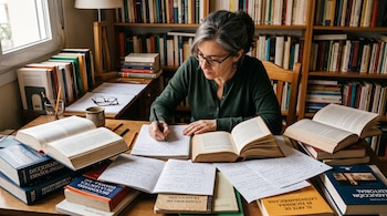 Una mujer con gafas escribe en un cuaderno junto a libros abiertos, diccionarios y estanterías en una habitación.