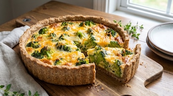 Primer plano de una tarta redonda de brócoli y queso con masa integral, con una porción cortada, sobre una tabla de madera clara junto a un paño beige y hierbas frescas.