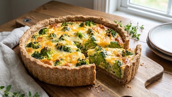 Receta de tarta con masa integral de brócoli y queso, rápida y fácil