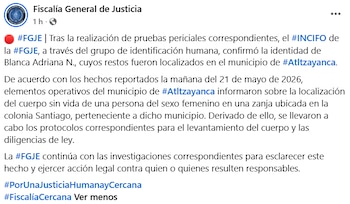 Publicación de la cuenta oficial de la Fiscalía de Tlaxcala. Crédito: FGJE