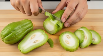 Primer plano de unas manos pelando un chayote verde con un cuchillo sobre una tabla de madera clara. Varios trozos y rodajas de chayote se ven al lado.