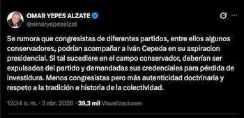 Omar Yepes Alzate reiteró su respaldo a Paloma Valencia, candidata de la Gran Consulta por Colombia, destacando que junto a Abelardo de la Espriella representan a la derecha colombiana - @omaryepesalzat/X