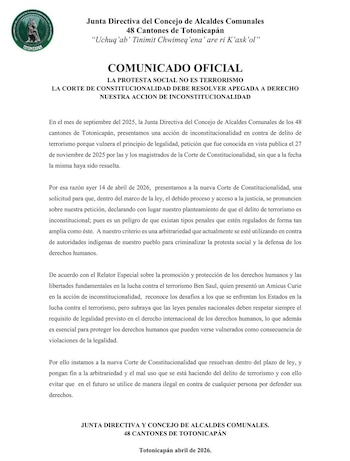 Comunicado oficial de la Junta Directiva del Concejo de Alcaldes Comunales de los 48 Cantones de Totonicapán, con logo y texto sobre la inconstitucionalidad de la ley de terrorismo