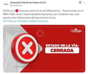 La Concesión Vial de los Llanos informó que el accidente fue exactamente en el sector Hacienda Bello Horizonte - crédito @cviallanos/X