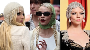 Un collage de tres fotos de Anya Taylor-Joy. Muestra diferentes tocados: uno brillante con flecos, un pañuelo verde con trenzas, y un tocado de perlas y pedrería