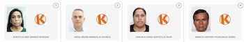 Cuatro retratos de candidatos peruanos, dos mujeres y dos hombres, con sus nombres y un logo naranja con la letra 'K' en cada recuadro