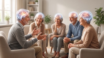 Cinco adultos mayores sentados en círculo conversan en una sala, con representaciones iluminadas de cerebros en sus cabezas.