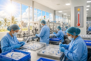 Varios trabajadores con vestimenta de protección azul ensamblan material médico junto a ventanas soleadas y un cartel con un termómetro.