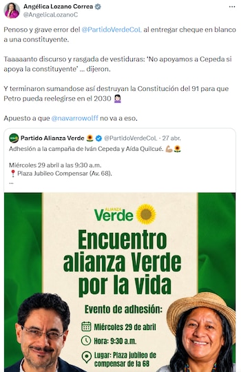 Angélica Lozano denunció fractura interna en el Partido Verde por apoyo a Iván Cepeda y la posible constituyente - crédito @AngelicaLozanoC/X
