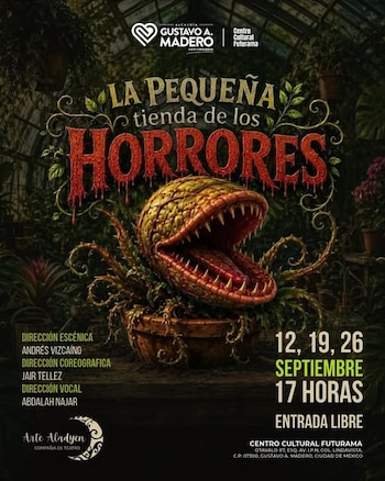 Cartel publicitario con la ilustración de una planta carnívora en una maceta, junto con fechas, horarios y créditos de una obra de teatro