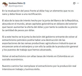 Gustavo Petro, presidente de Colombia, dice que la subida de la tasa de interés impacta al dólar - crédito @PetroGustavo/X