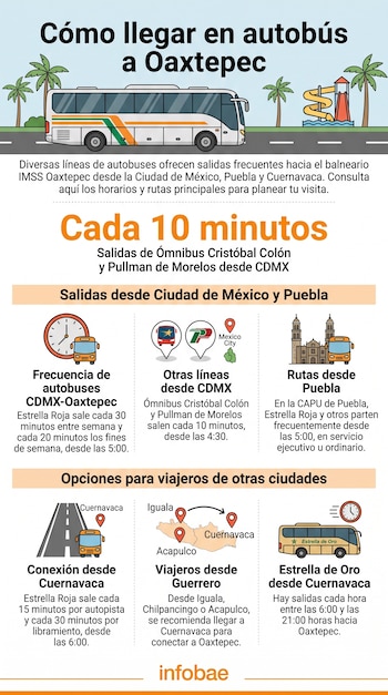 Infografía con ilustraciones de un autobús, palmeras, toboganes de agua y texto con horarios y rutas de autobuses hacia Oaxtepec.