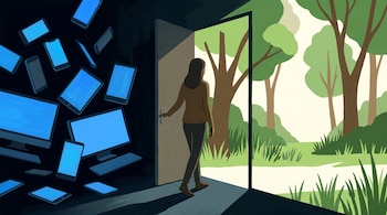 Ilustración de una mujer de espaldas saliendo de una habitación oscura llena de pantallas hacia una puerta abierta que revela un paisaje natural con árboles y césped.