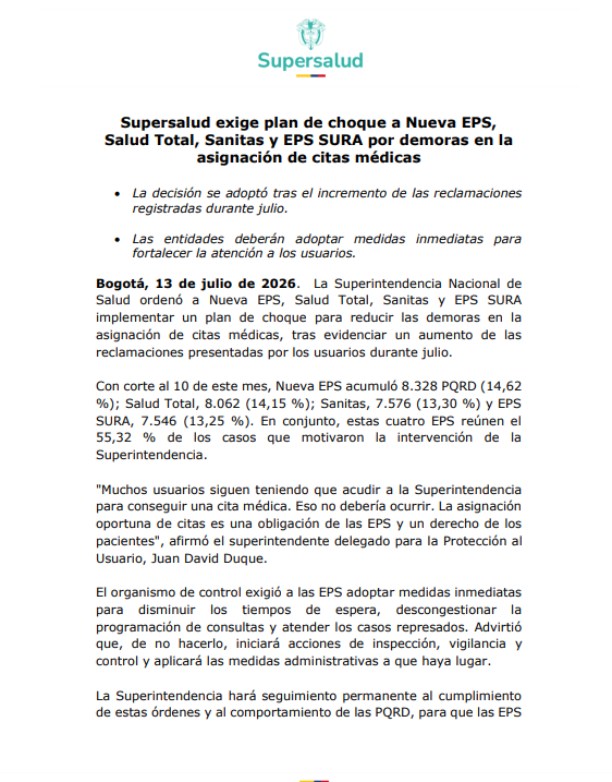 El seguimiento realizado hasta el 10 de julio de 2026 permitió identificar que Nueva EPS acumuló 8.328 PQRD, equivalentes al 14,62% del total de reclamaciones - crédito Supersalud