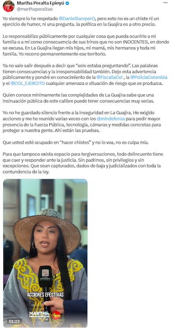 Martha Peralta responsabilizó a Daniel Samper Ospina por eventuales riesgos contra su familia - crédito @marthaperaltae/X