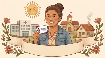 Ilustración de una mujer mexicana sonriente con cabello recogido, sosteniendo una tarjeta con el logo de "Mujeres con Bienestar". Detrás, se ven un hospital, una escuela, una casa y el sol.