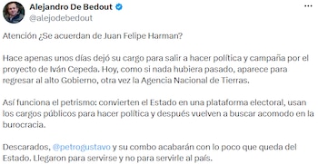 Alejandro De Bedout cuestionó el regreso de exfuncionarios tras su participación en campañas electorales. - crédito @alejodebedout/X