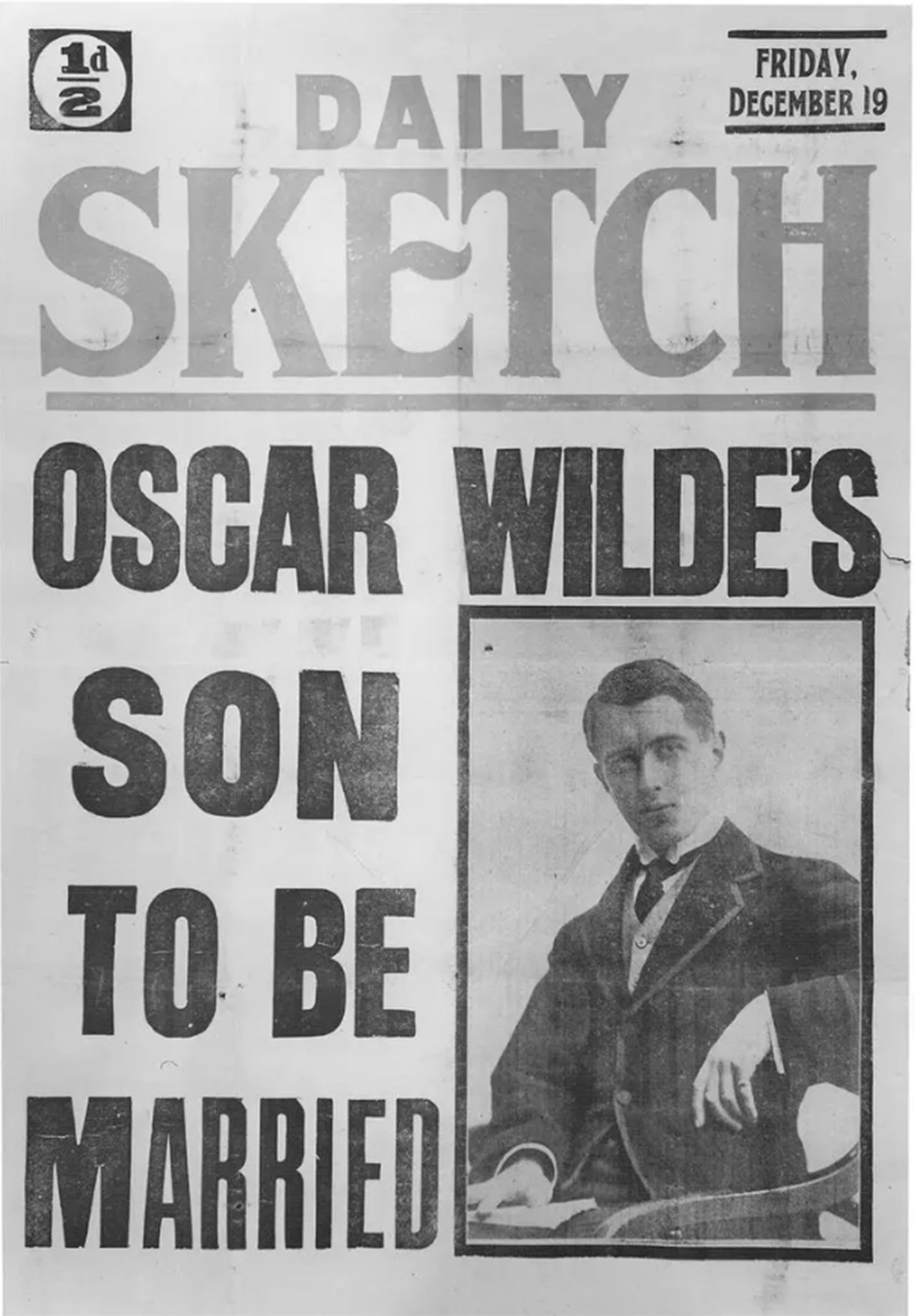 Un periódico de la época, Daily Sketch, anuncia la boda de Vyvyan Holland, hijo de Oscar Wilde, con una fotografía del novio, el viernes 19 de diciembre.