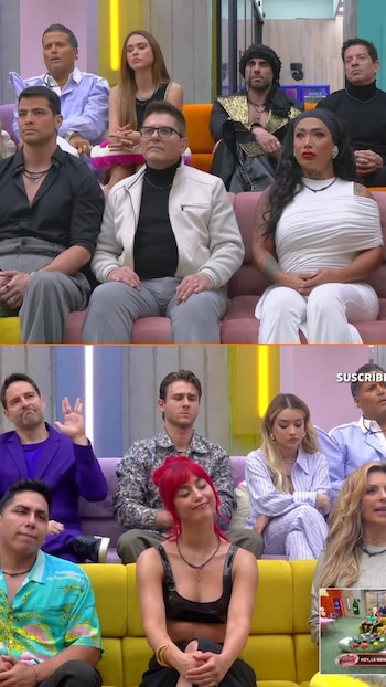 Varias personas sentadas en sofás rosas, naranjas y amarillos. Hay hombres y mujeres, algunos con tatuajes, miran hacia el frente. Incluye un recuadro de video