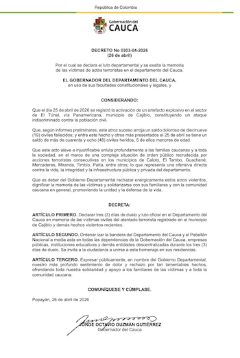 A onda de violência atinge outras cidades como Caloto, El Tambo, Miranda e Patía, segundo autoridades do departamento - crédito Governo de Cauca