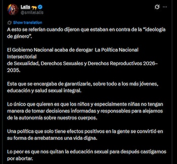 Lalis relacionó la solicitud de derogatoria con las discusiones sobre la denominada "ideología de género" - crédito @smilelalis/X