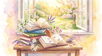 Una mesa de madera con libros apilados y abiertos, ramas de flores, una taza humeante y una ventana abierta hacia un jardín.