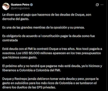 El presidente Gustavo Petro defendió el pago de la deuda con el FMI, asegurando que se trata de una obligación heredada y no de un gasto discrecional de su gobierno - crédito Gustavo Petro/X