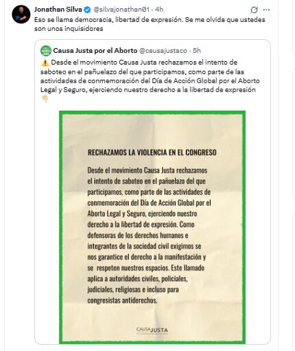 Reacción de Jonathan Silva al acto de Carol Borda - crédito @silvajonathan01/X