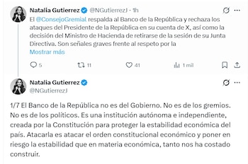 Natalia Gutiérrez, presidenta del Consejo Gremial, dijo que el Banco de la República no es del Gobierno - crédito @NGutierrezJ/X
