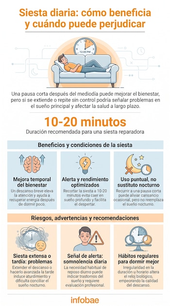 Infografía sobre la siesta, con un hombre durmiendo en un sofá, relojes, cerebros, bombillas, lunas y gráficos con información.