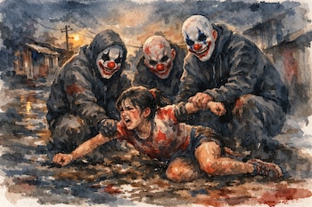 Ilustración acuarela: niña de 11 años en el suelo, forcejeando con tres figuras enmascaradas con máscaras de payaso en una calle con charcos al atardecer.