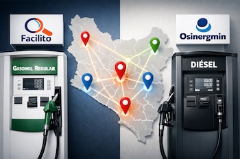 Surtidor de gasohol regular con logo Facilito, surtidor de diésel con logo Osinergmin y mapa de Perú con marcadores de ubicación conectados.