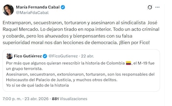 María Fernanda Cabal respaldó la crítica de Fico Gutiérrez sobre lo que representa el M-19 en la historia violenta de Colombia - crédito @MariaFdaCabal/X
