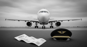 Avión de pasajeros blanco y negro en una pista de aterrizaje, con una gorra de piloto negra y un recibo de papel arrugado en primer plano.