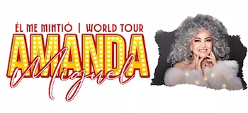 Publicidad de Amanda Miguel sonriente, con cabello rizado gris y abrigo blanco. A la izquierda, el logo de su 'Él Me Mintió | World Tour' con letras luminosas