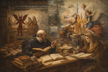 Pintura estilo Renacimiento: dos académicos estudian rodeados de libros; al fondo, escenas de ángeles y demonios junto a un cartel de la Facultad de Filosofía y Letras.