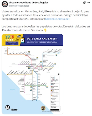 Captura de pantalla de un tuit de Metro Los Ángeles. Muestra un mapa del sistema de transporte con estaciones marcadas para depositar votos y un banner electoral