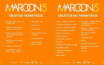 Para el concierto está prohibido el ingreso de armas, cámaras, drones, alimentos, bebidas, mascotas y camisetas de equipos de fútbol al concierto de Maroon 5 - crédito Páramo Presenta