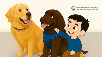 Un niño de dibujos animados sonriente con camiseta azul acaricia a un perro marrón con arnés azul, mientras un perro labrador amarillo se sienta al lado, sobre un fondo claro