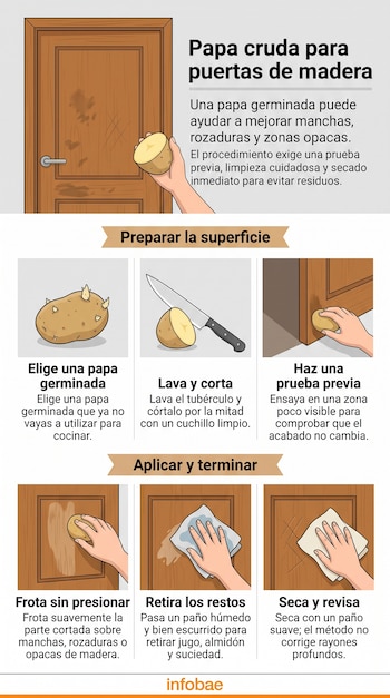 Infografía ilustrada con pasos numerados para aplicar una papa cortada sobre una puerta de madera manchada y limpiarla con un paño.