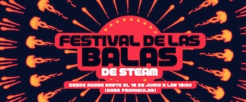 Banner promocional para el 'Festival de las Balas de Steam' con fondo azul oscuro, proyectiles estilizados y texto rojo y blanco sobre bloques rojos
