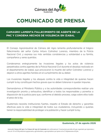 Documento en formato de comunicado de prensa emitido por la Cámara del Agro de Guatemala con texto en verde y negro