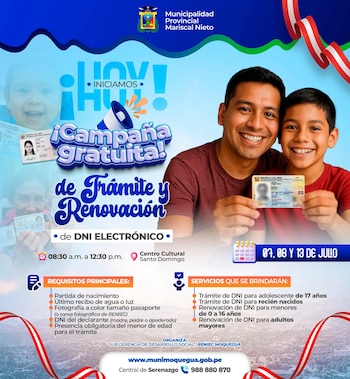 Publicidad digital con hombre y niño sonrientes mostrando documentos DNI, bebé sonriente, megáfono y texto sobre campaña de DNI electrónico