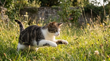 Gato atigrado blanco y marrón salta en la hierba. Un saltamontes verde vuela frente a la pata delantera del gato. Fondo de hierba alta, flores y muro de piedra.